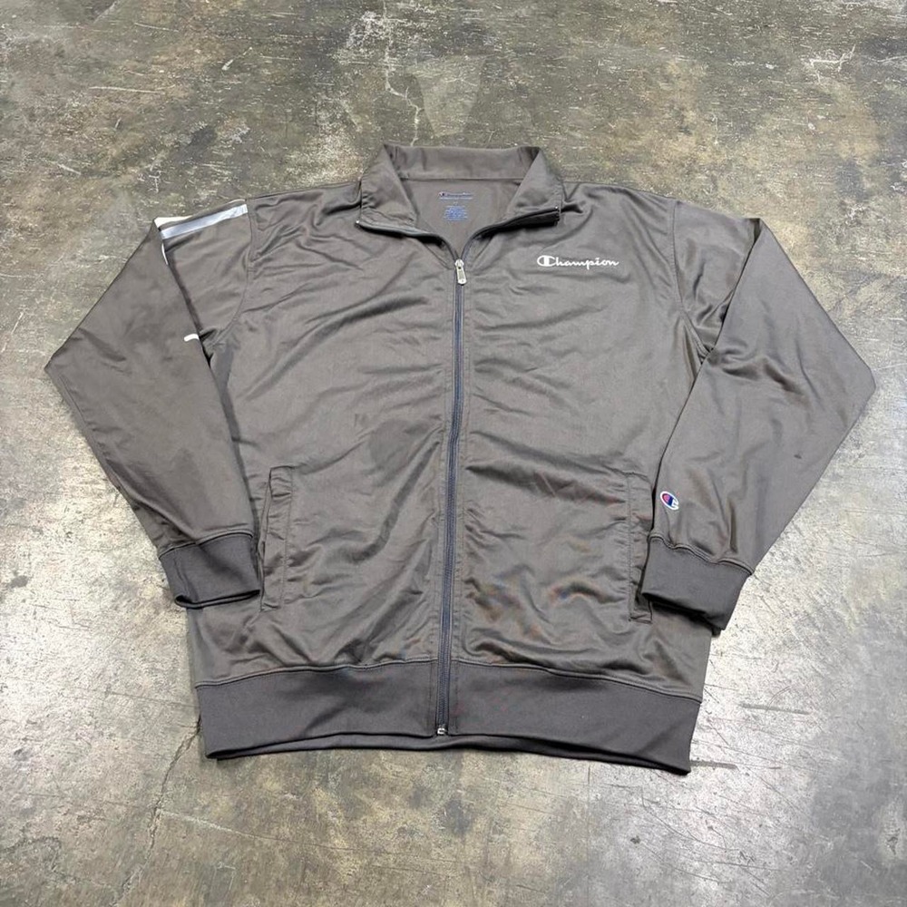 Champion Mens LT Gray Brown Full Zip Track Jacket Sleeve Graphic Y2K 0366